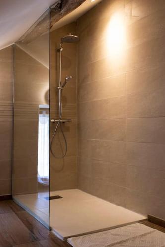 une salle de bain avec une douche avec une porte vitrée dans l'établissement Maison familiale de charme à 15 min de Beaune, à Bligny-sur-Ouche