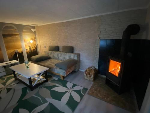 ein Wohnzimmer mit einem Sofa und einem Kamin in der Unterkunft "Ruhige Naturlage im Wald" Ferienhaus mit Sauna in Großnaundorf