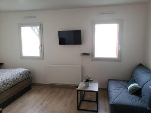 a living room with a couch and a tv at Charmant studio à 2 pas du tram in Nantes