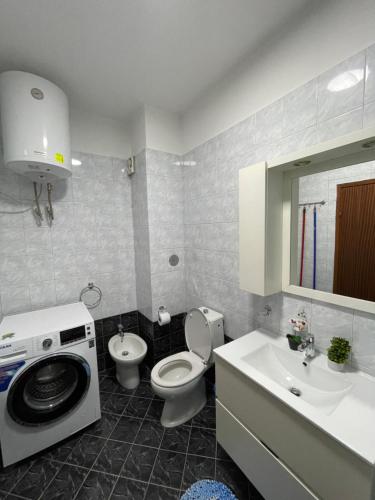La salle de bains est pourvue de toilettes, d'un lavabo et d'un lave-linge. dans l'établissement SkyBase, à Tirana