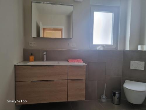 een badkamer met een wastafel en een toilet bij Wohnung Adam in Kelkheim