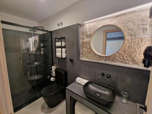 a bathroom with a toilet and a sink and a mirror at Casa do Barqueiro TREIXADURA in Castrelo de Miño