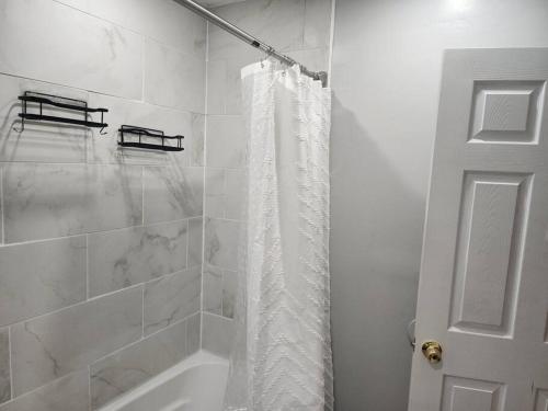 La salle de bains est pourvue d'une douche avec rideau de douche. dans l'établissement Fortune Suits and Apartment, à Albany