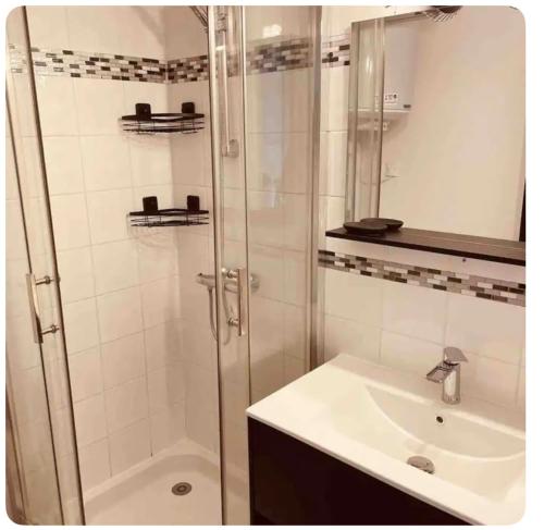 une salle de bain avec douche et lavabo dans l'établissement Maison de vacances vias plage, à Vias