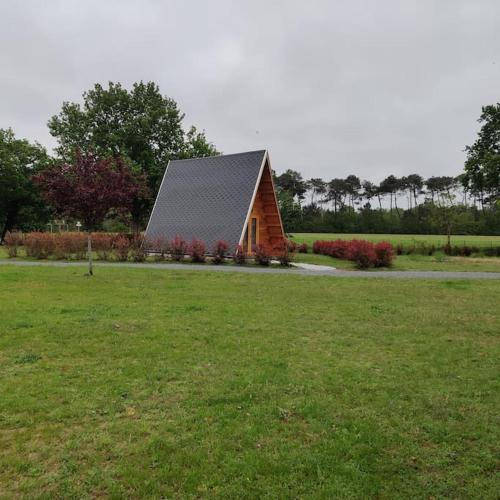 a small wooden house in a field with a grass yard at Tipi Apache des monteaux in Vivy