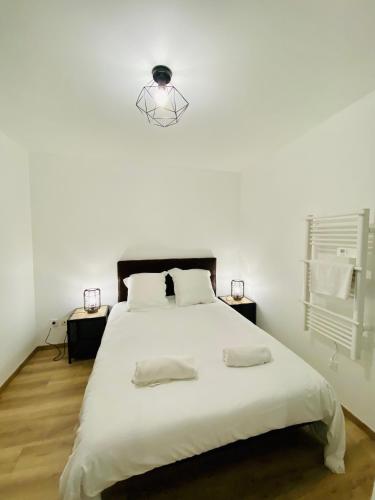 - une chambre blanche dotée d'un grand lit et d'une lumière naturelle dans l'établissement Canyon et Bali Studio centre Valence, à Valence