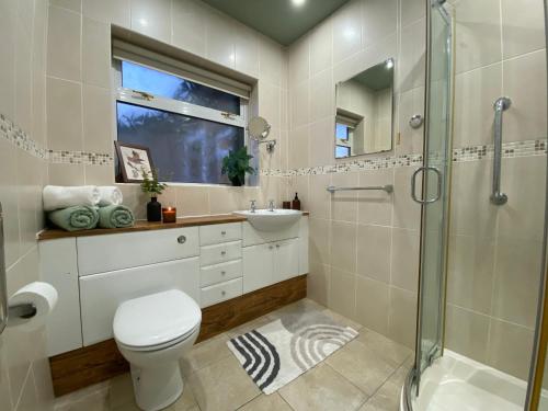 a bathroom with a toilet and a shower and a sink at Oadby Town Mid-Century Bungalow in Oadby