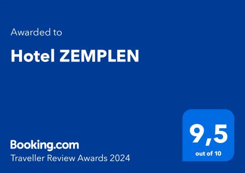 Un certificat, premiu, logo sau alt document afișat la Hotel ZEMPLEN