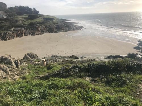 a view of the beach from a bluff at Villa Tidinghi, plage de Rospico à pied in Névez