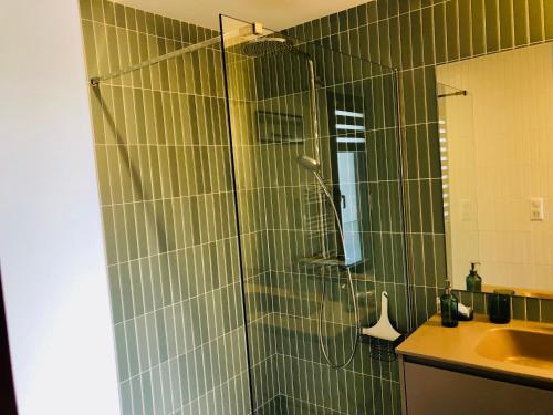 a shower in a bathroom with green tiles at Villa Tidinghi, plage de Rospico à pied in Névez