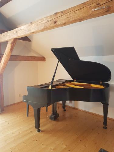 a black piano sitting inside of a room at Chalupa v Českém lese in Bělá nad Radbuzou