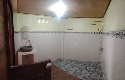 a bathroom with a shower and a sink in it at Baruna Cottages in Kintamani