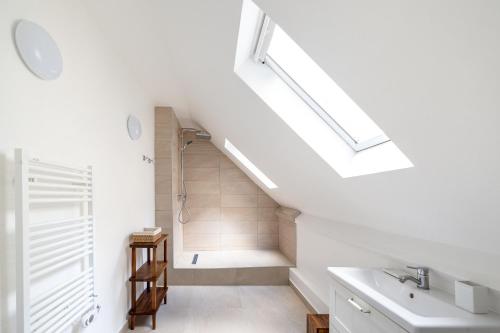 une salle de bain avec douche et lavabo dans l'établissement Appartement luxueux au cœur de Saint Germain des Prés, à Paris