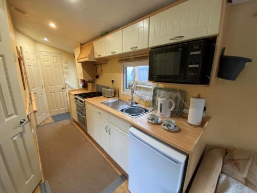 een kleine keuken met een wastafel en een magnetron bij Secluded Woodland Hideaway - 2 Bed with Private Parking in Emsworth