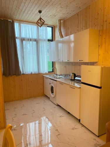 een keuken met een wasmachine en droger. bij GT Cotteges in Batoemi