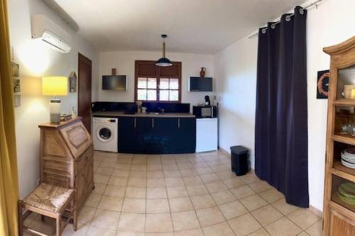 eine große Küche mit einem Waschbecken und einem Tisch in der Unterkunft Ti Sicriers Carbet in Le Carbet