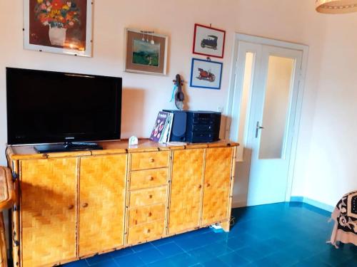TV en la parte superior de un tocador de madera en una habitación en Lavinio 100 mt dalla spiaggia, en Anzio
