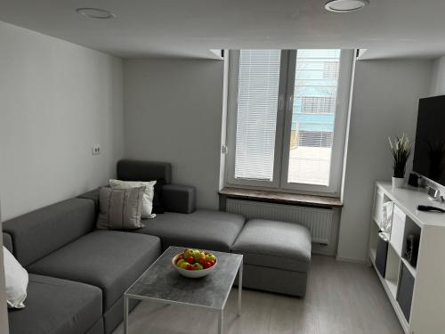 盧比安納的住宿－Elena Apartments，客厅配有沙发和桌上一碗水果