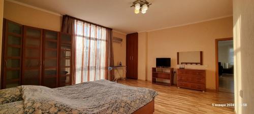 1 dormitorio con 1 cama, vestidor y TV en ЖК БОТАНИКА en Aktau