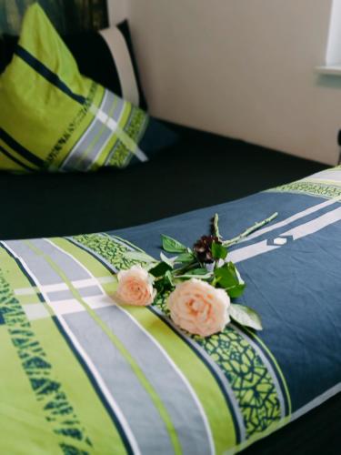 two pink roses sitting on top of a bed at Ferienzimmer Waldzauber in Borkwalde