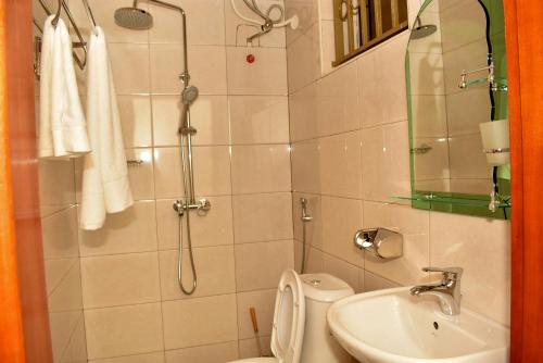 La salle de bains est pourvue d'une douche, de toilettes et d'un lavabo. dans l'établissement Jengel Studio Apartments Entebbe 1, à Entebbe