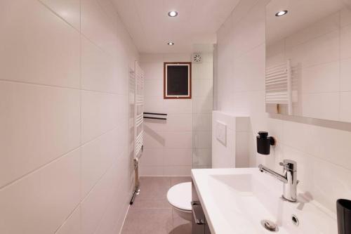 a white bathroom with a sink and a toilet at Veluwe cottage close to forest & wellness in Putten