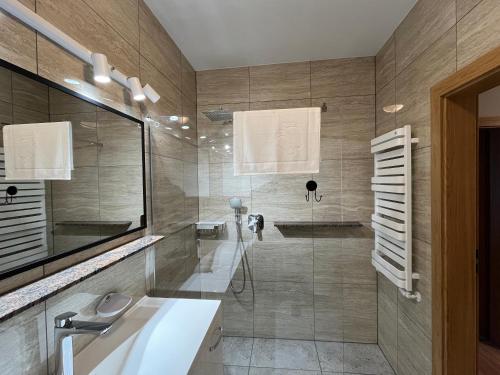 a bathroom with a shower and a sink and a mirror at Prestige 1 in Opole