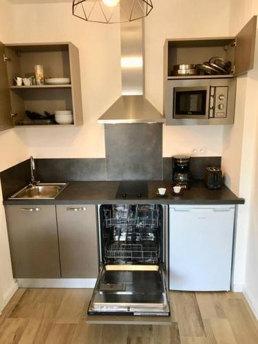 une cuisine avec un comptoir et un four. dans l'établissement Magnifique Studio dans Résidence neuve, à Corte