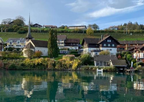 a village next to a river with houses at Jasmins Airbnb in Einigen