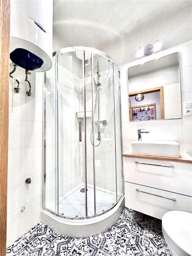 a bathroom with a shower and a sink at Apartament Marzenie 1 i 2 by Apartamenty na dni Wrocław in Wrocław