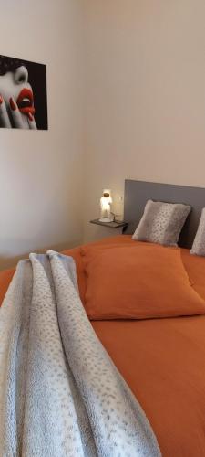 ein Schlafzimmer mit einem orangenen Bett mit einer Decke in der Unterkunft AU GRAIN D'ORGE in Échiré