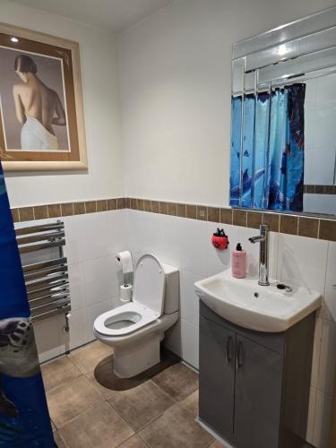 a bathroom with a toilet and a sink at 38 Church Street Luxury Flat in Warrington