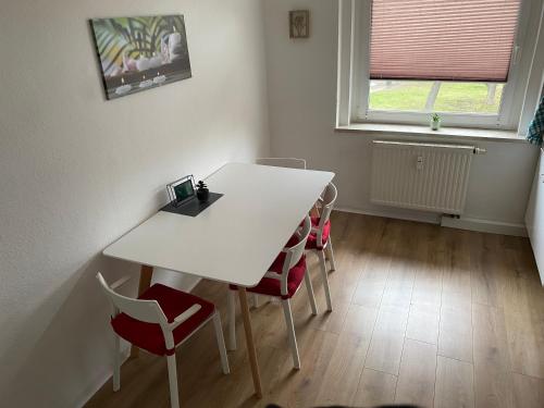 Biały stół i krzesła w pokoju z oknem w obiekcie FeWo WIEKO Plauen Leibnizstr. H3, 2. OG rechts w mieście Plauen