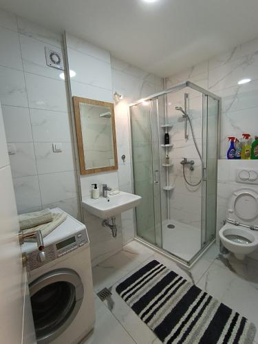 a bathroom with a shower and a sink and a washing machine at Apartman Markovic Rich in Loznica