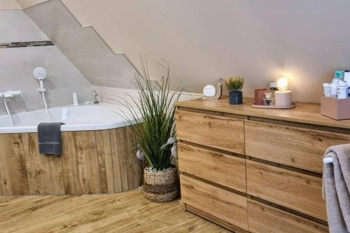 a bathroom with a sink and a bath tub at Ferienwohnung Nietwerder in Nietwerder