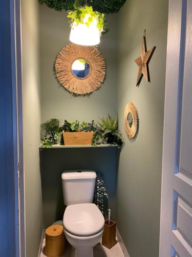 ein Badezimmer mit einem WC mit Pflanzen und einem Spiegel in der Unterkunft gite l'etoile de mer in Eu