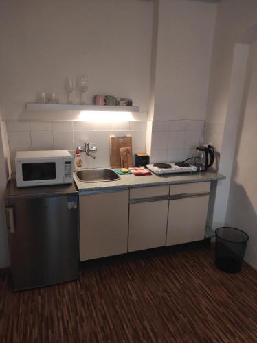 a small kitchen with a microwave and a sink at Apartmán U Krtka in Lázně Kynžvart