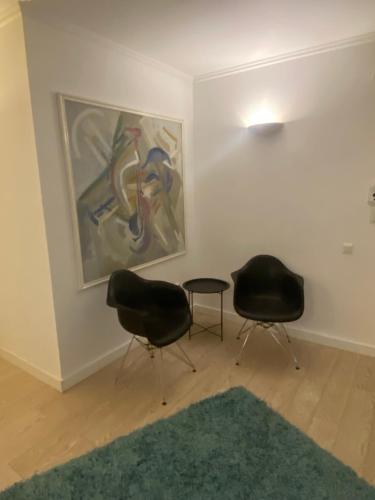 two chairs and a rug in a room with a painting at Fortuna Flat in Piteşti