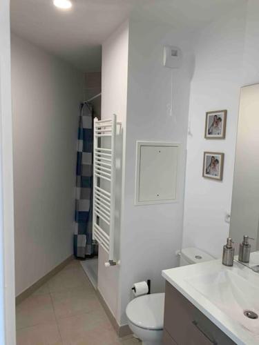 une salle de bain blanche avec des toilettes et un lavabo dans l'établissement Appartement spacieux doté d'une grande terrasse, proche Paris. Parking gratuit, à Ivry-sur-Seine