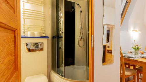a bathroom with a shower with a glass door at VacationClub - Cicha 8 Apartament 2 in Polanica-Zdrój