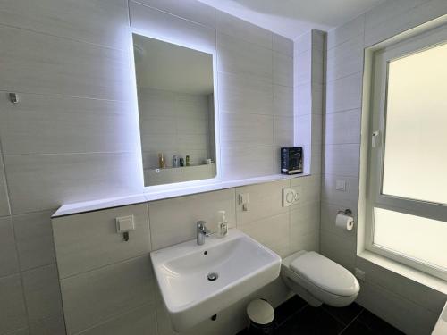 a bathroom with a sink and a toilet and a mirror at Appartement Neugasse de Luxe - Komfort & Stil inklusive in Bad Camberg