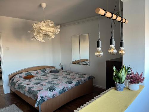 Schlafzimmer mit einem Bett, einem Spiegel und Lampen in der Unterkunft Nirvana Petrovaradin fortress View Liman Apartment in Novi Sad