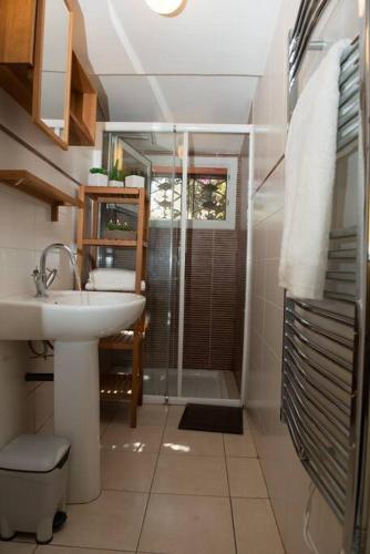 une salle de bain avec un lavabo et une douche dans l'établissement Pavillon Saint Clair la campagne au bord de l eau et 2 velos, à Sète