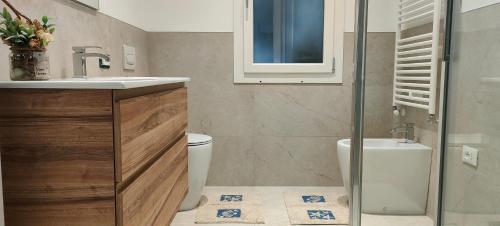 a bathroom with a sink and a toilet and a shower at Casa Mariettina in Sottomarina