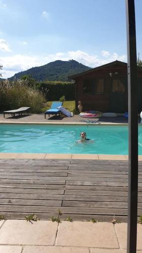 un chien nageant dans une piscine avec une maison dans l'établissement Belle maison avec piscine, à Le Val