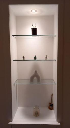 a glass shelf with a potted plant on it at Springfield Apartment - Train to Glasgow or Edinburgh - Private Parking & Wifi in Airdrie