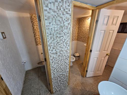 - une petite salle de bains avec des toilettes et une porte dans l'établissement Santorini, à Quintero