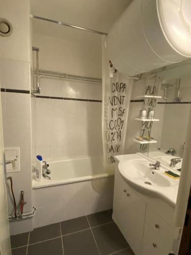 une salle de bain blanche avec un lavabo et une douche dans l'établissement Studio au pied des pistes., à Ax-les-Thermes