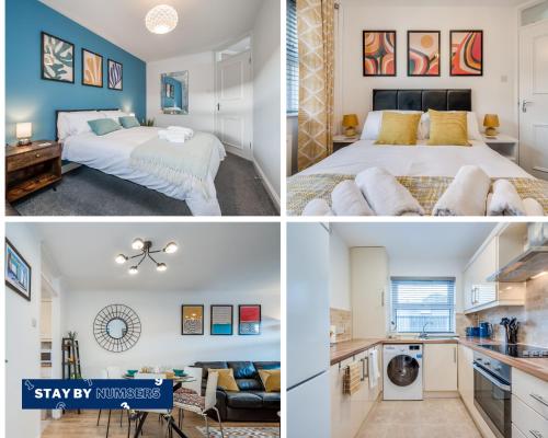 een collage van foto's van een slaapkamer en een woonkamer bij Belfast City Centre & allocated Parking by StayByNumbers in Belfast