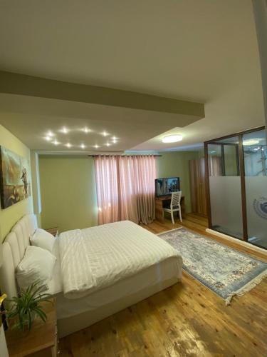 ein Schlafzimmer mit Bett und ein Wohnzimmer in der Unterkunft Villa Elear in Korçë